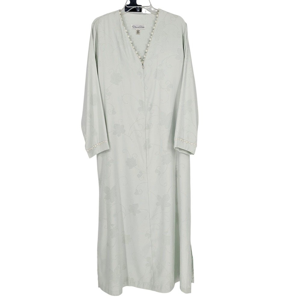 Vintage‎ Oscar de la Renta 1/2 Zip Kaftan M Green Floral Damask Lace Trim Cozy
